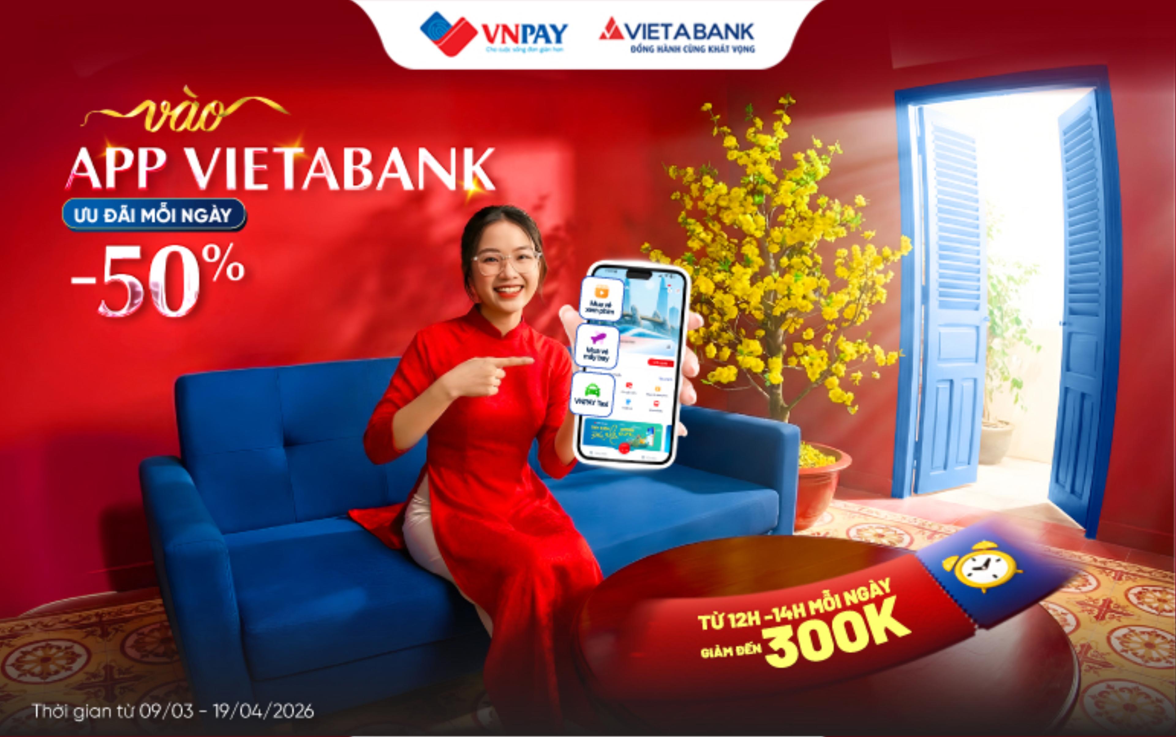 Sau kỳ nghỉ Tết Nguyên đán, nhu cầu di chuyển du xuân, đi công tác và giải trí thường có xu hướng tăng cao đáng kể. Nhằm tiếp sức cho khách hàng, VIETABANK mang đến chương trình ưu đãi đặc biệt dành cho loạt tiện ích ngay trên nền tảng ngân hàng số. Với mức giảm đến 300.000 đồng, đây là món quà thiết thực để người dùng tối ưu chi phí và tận hưởng trọn vẹn những kế hoạch đầu năm.